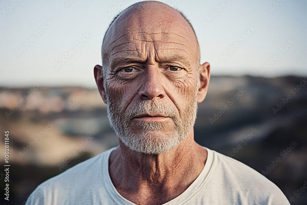 A bald man with a white beard stands in a natural landscape, gazing stoically into the camera. His expression conveys strength and introspection against a blurred scenery. A bald man with a white beard stands in a natural landscape, gazing stoically into the camera. His expression conveys strength and introspection against a blurred scenery.