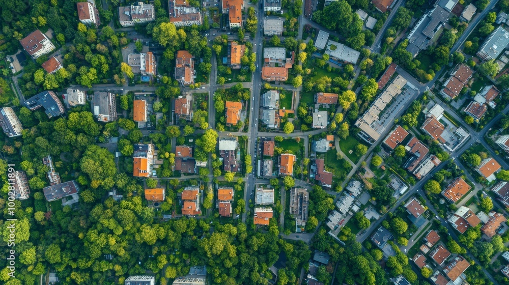 Panoramic aerial shot of a dense urban area with a mix of residential buildings, parks, and commercial zones. Panoramic aerial shot of a dense urban area with a mix of residential buildings, parks, and commercial zones.