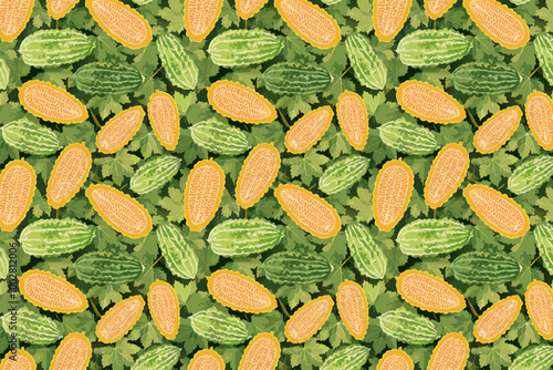 Bitter melon seamless pattern background. Cucumis melo vector.