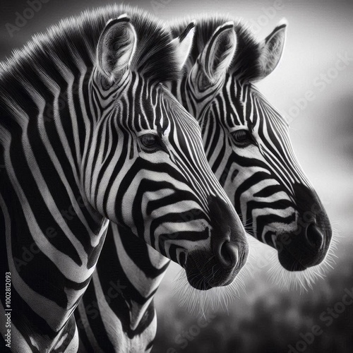 A close-up view of two zebras, showcasing their black and white stripes. Generated by AI. photo