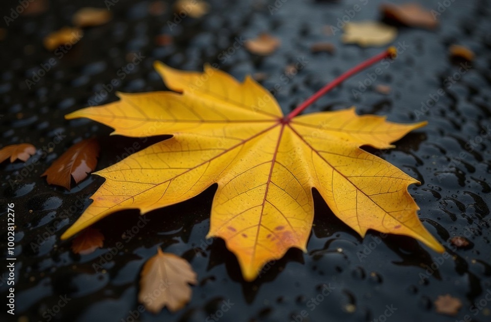 yellow maple leaf lies on the asphalt in the rain. Autumn yellow maple leaf lies on the asphalt in the rain. Autumn