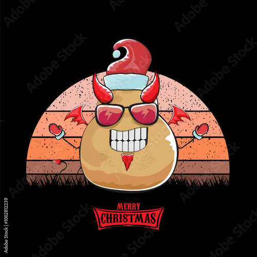 vector funny cartoon cute demon potato with santa claus red hat, fangs, trident and red wings isolated on sun background. Childrens Merry Christmas greeting card with funny monster elf Santa Claus.