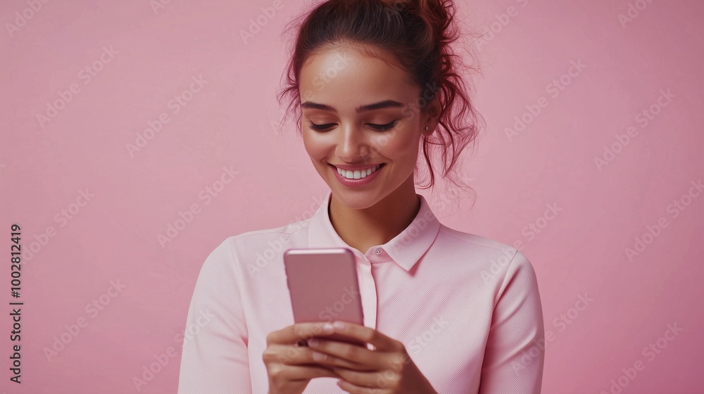 Isolated shot of caucasian woman uses smartphone application enjoys browsing social media creats news content makes online order wears spectacles and casual jumper poses over pink studio wall Isolated shot of caucasian woman uses smartphone application enjoys browsing social media creats news content makes online order wears spectacles and casual jumper poses over pink studio wall