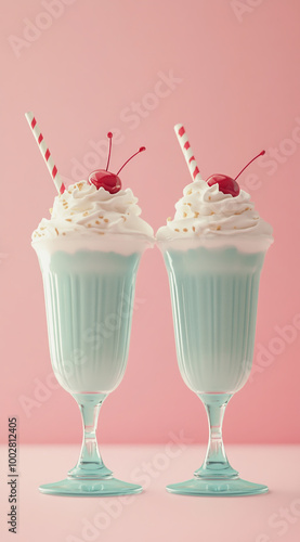 Wallpaper Mural Milkshakes with cream and cherry on top in light green glasses, pastel pink background, retro vintage style, pastel colors Torontodigital.ca