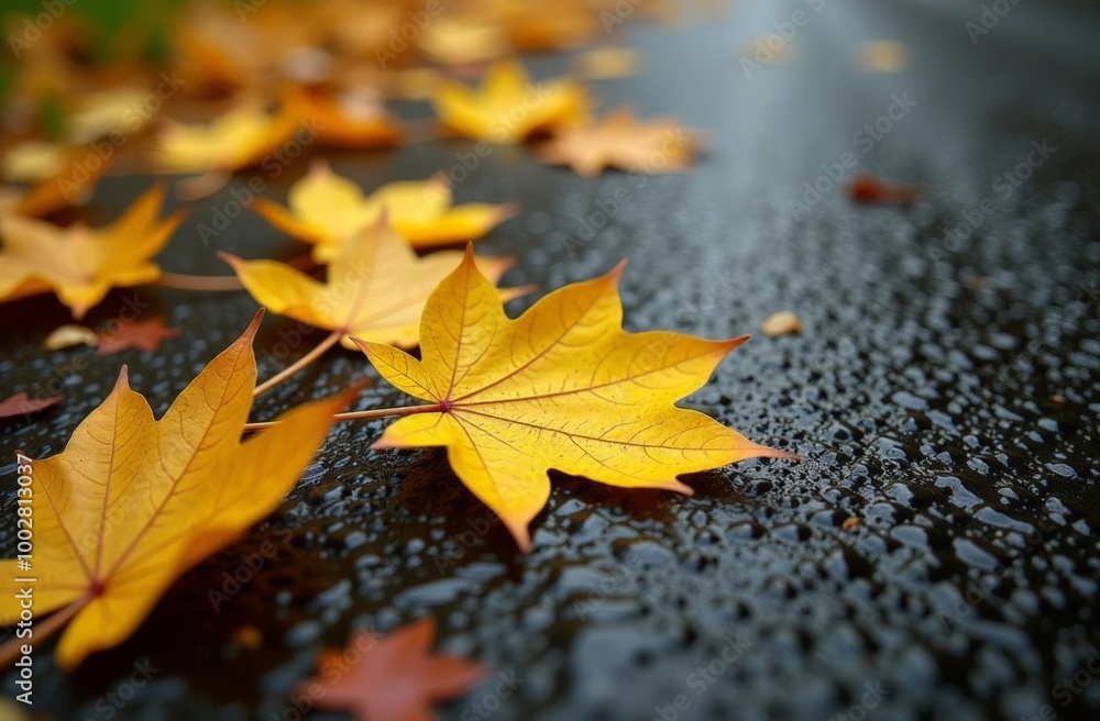 yellow maple leaf lies on the asphalt in the rain. Autumn yellow maple leaf lies on the asphalt in the rain. Autumn