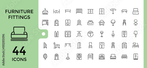Furniture fittings hardware line icons collection, carpenter fasteners, cabinet door hinge, felt furniture pads, table top and more, outline icons set. editable stroke and pixel perfect.
