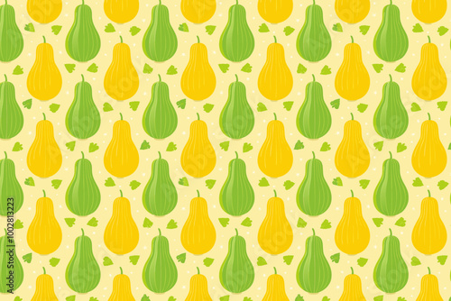 Seamless pattern with green and yellow gourds on light background