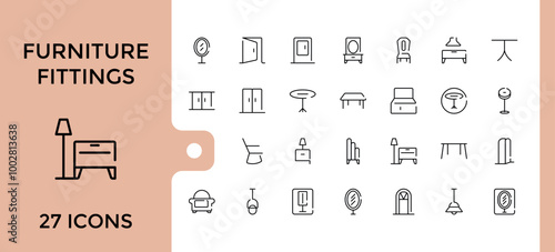 Furniture fittings hardware line icons collection, carpenter fasteners, cabinet door hinge, felt furniture pads, table top and more, outline icons set. editable stroke and pixel perfect.