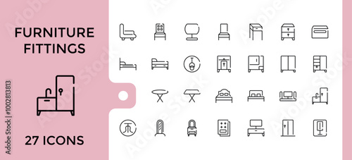 Furniture fittings hardware line icons collection, carpenter fasteners, cabinet door hinge, felt furniture pads, table top and more, outline icons set. editable stroke and pixel perfect.