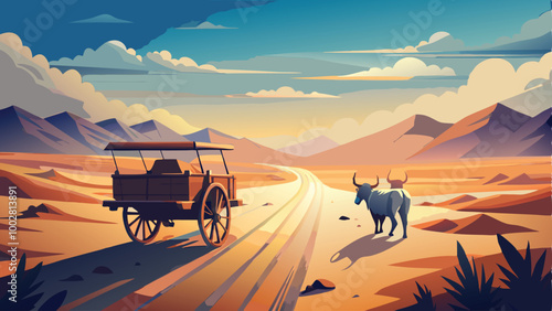 A bullock cart through dusty fields and distant horizons on white background