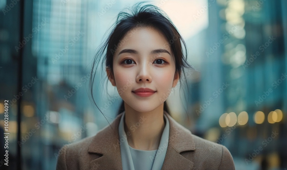 Naklejka premium Young asian businesswoman commuting to work outside modern office building, Generative AI