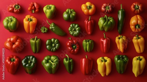 Paprikas of various sizes and colors on a vibrant red background, emphasizing the diversity and freshness of the produce.