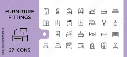 Furniture fittings hardware line icons collection, carpenter fasteners, cabinet door hinge, felt furniture pads, dtable top and more, outline icons set. editable stroke and pixel perfect.