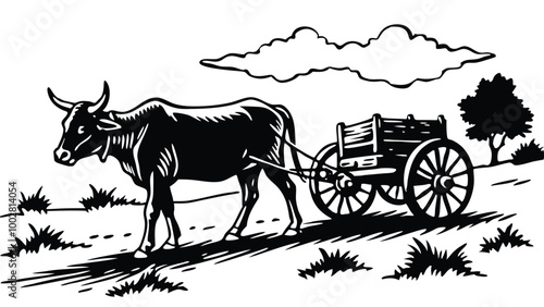 A bullock cart through dusty fields, dreaming of distant horizons on white background silhouette