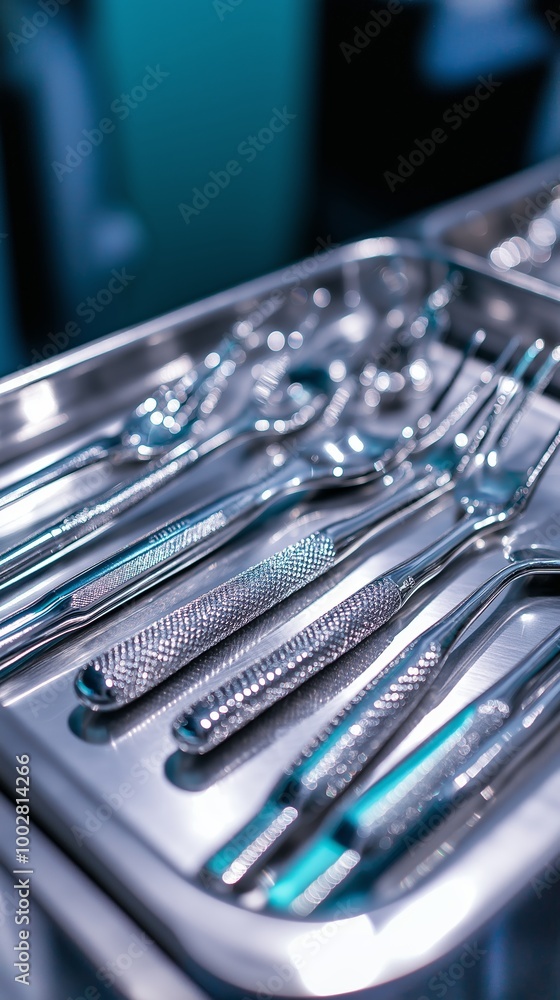 Close-up of dental cleaning tools arranged in a stainless steel tray with selective focus and a minimalist aesthetic Close-up of dental cleaning tools arranged in a stainless steel tray with selective focus and a minimalist aesthetic