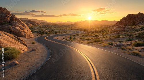 A lonely highway winding through rugged desert terrain, ultra detailed