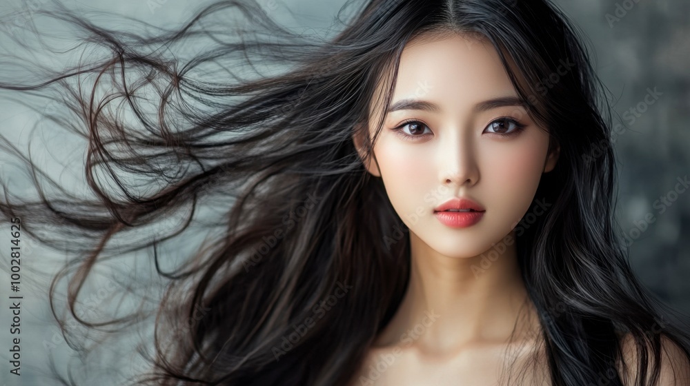 Naklejka premium Portrait of a beautiful Asian woman with glowing skin, posing for a skincare advertisement.
