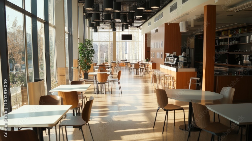 Light-colored canteen in a business center, spacious layout, clear windows letting in sunlight. Light-colored canteen in a business center, spacious layout, clear windows letting in sunlight.