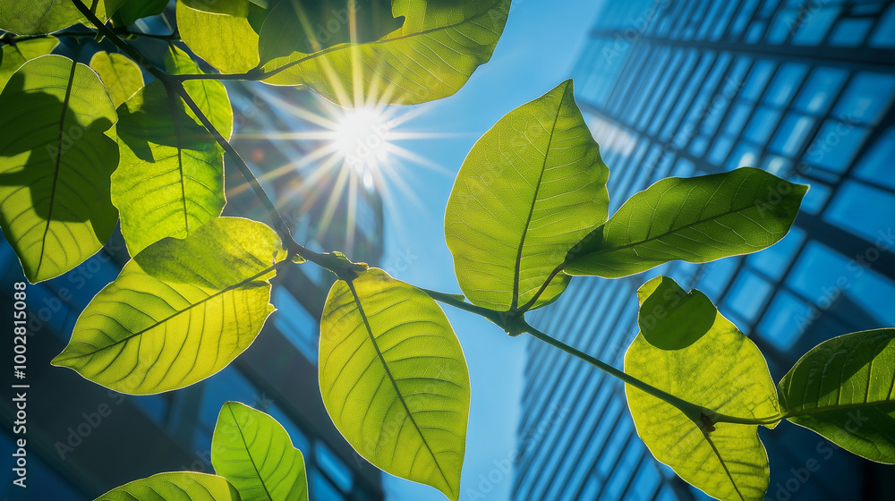 green leaves on blue sky in a bank street with large skyscrapers green leaves on blue sky in a bank street with large skyscrapers