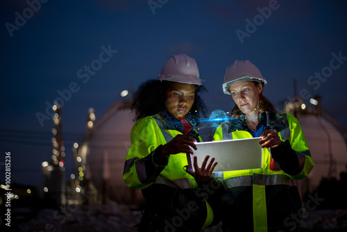 Engineers wearing safety gear, including hard hats examining survey a large blueprint tablet standing industrial facility gas or oil refinery engaged in a job requires high safety standards concept photo