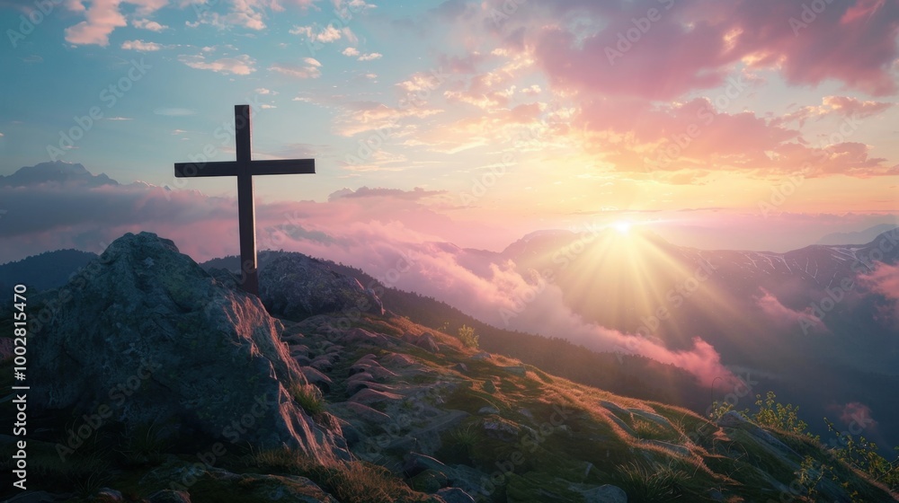 Serene Sunrise with Cross on Mountain Landscape Serene Sunrise with Cross on Mountain Landscape