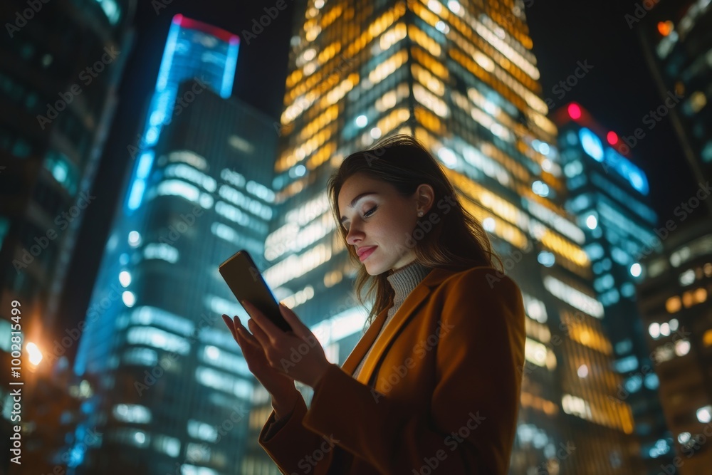 Successful female banker using smartphone outdoors while standing near his office background yellow neon lights,young woman professional manager working on mobile device near skyscraper, Generative AI Successful female banker using smartphone outdoors while standing near his office background yellow neon lights,young woman professional manager working on mobile device near skyscraper, Generative AI