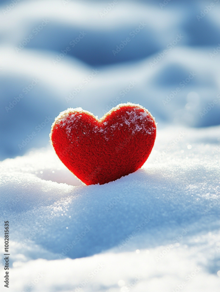 Fototapeta premium A red heart is sitting on top of the snow. The heart is surrounded by a white blanket of snow. Concept of love and warmth.
