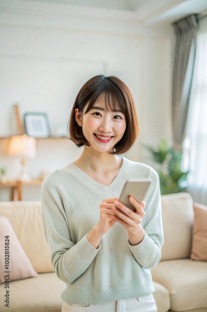 Happy Woman Using Smartphone with Joyful Expression in Casual Setting Happy Woman Using Smartphone with Joyful Expression in Casual Setting