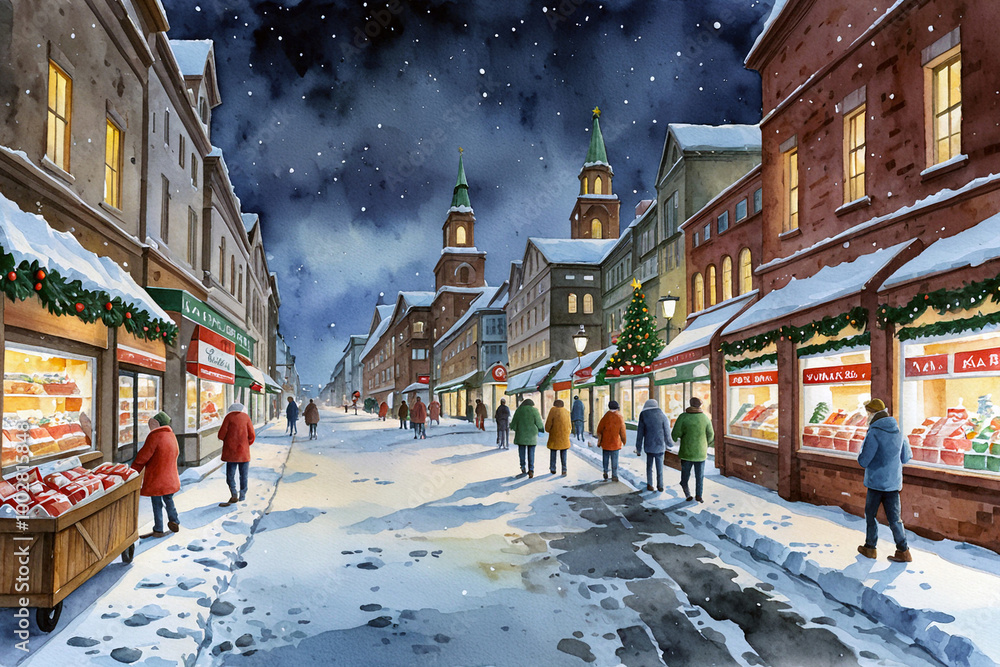 Fototapeta premium Christmas shopping town center at winter day.Holiday fair, xmas market at night,town square with people. People walking and buying gifts in rush. Watercolor Painting