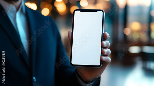 Close-up of businessman's hand holding blank white screen smartphone. photo