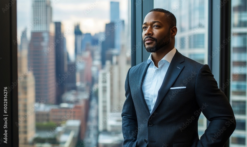 Thoughtful African-American Businessman in a Perfect Tailored Suit Standing in His Office Looking out of the Window on Big City. Successful Investment, Generative AI Thoughtful African-American Businessman in a Perfect Tailored Suit Standing in His Office Looking out of the Window on Big City. Successful Investment, Generative AI
