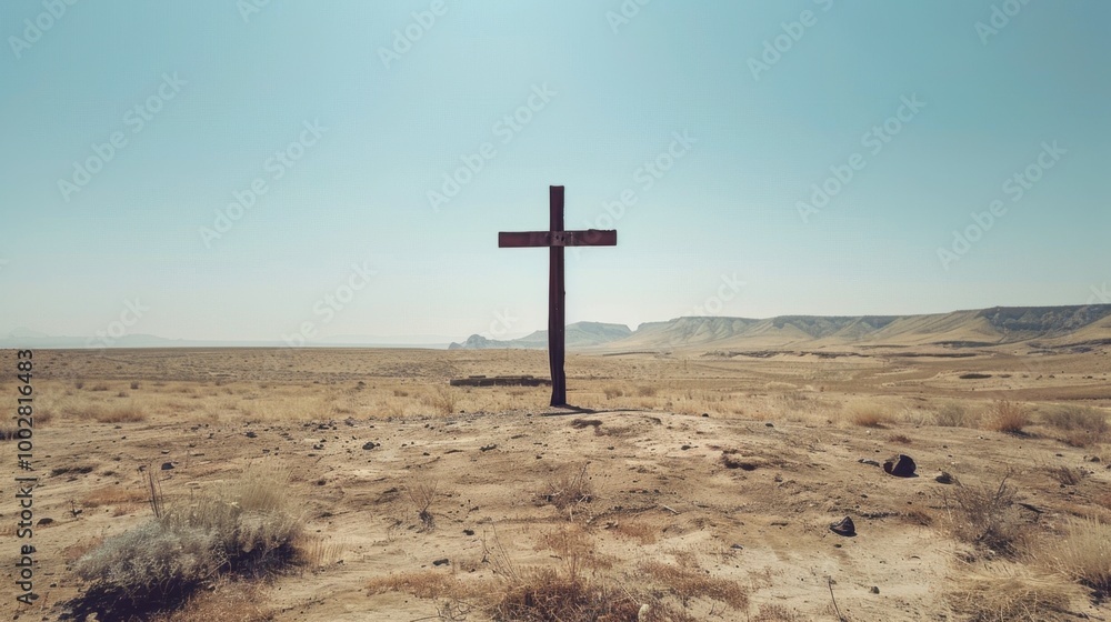 Lonely Cross in a Vast Desert Landscape Lonely Cross in a Vast Desert Landscape