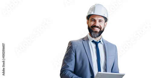 Сivil engineer operate with tablet to control working at construction on transparent background PNG. 
