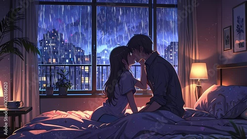 A tender moment between a young Asian couple sharing a kiss in a cozy, dimly lit bedroom, with a beautiful city skyline visible through the window at night.