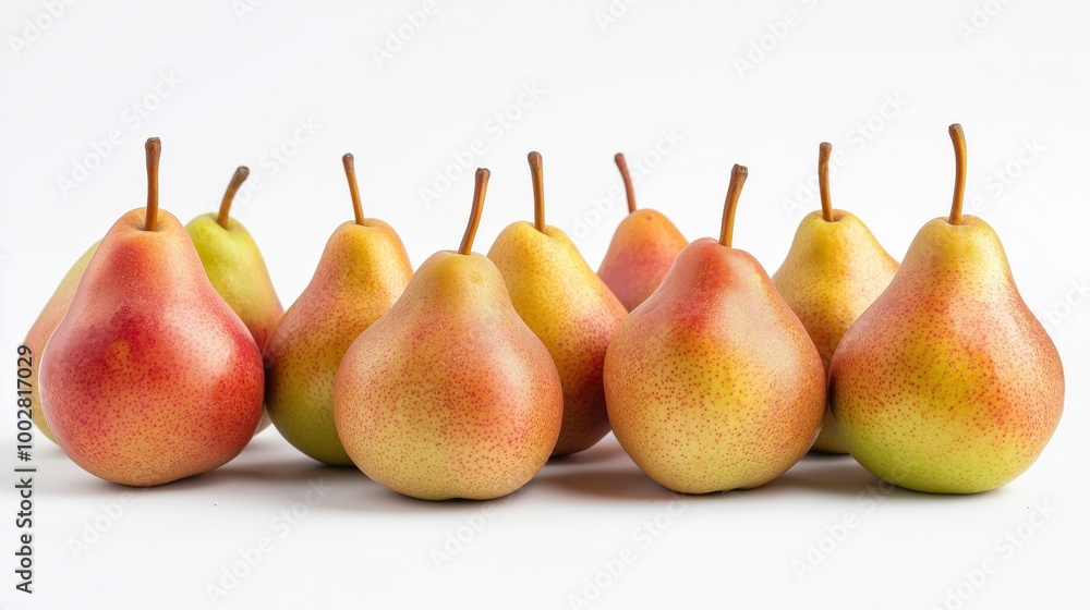 A row of pears with green stems and red stems. The pears are in a line and are all different sizes A row of pears with green stems and red stems. The pears are in a line and are all different sizes