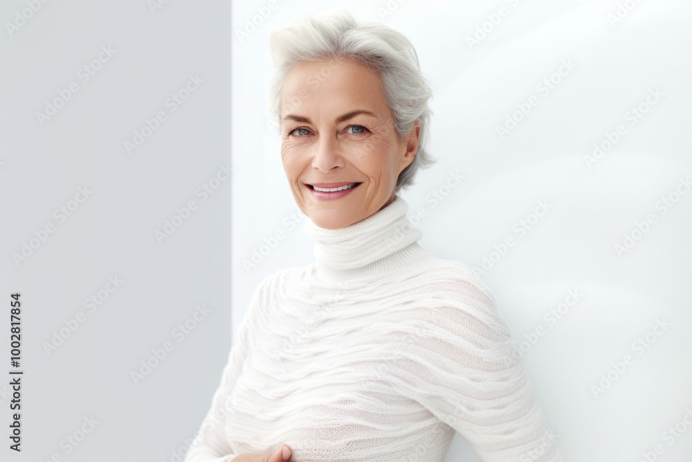 Portrait of a content woman in her 50s showing off a thermal merino wool top isolated in plain white digital canvas Portrait of a content woman in her 50s showing off a thermal merino wool top isolated in plain white digital canvas