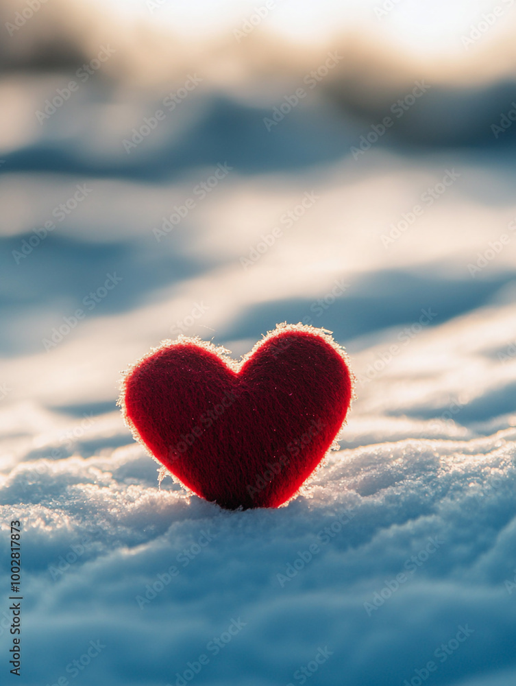 Fototapeta premium A red heart is sitting on top of the snow. The heart is surrounded by a white blanket of snow. Concept of love and warmth.