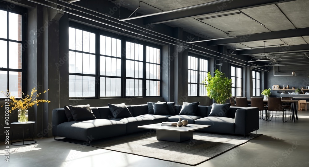 Charcoal gray living room with an industrial aesthetic featuring a low modern sofa and sunlight streaming through large warehouse style windows Charcoal gray living room with an industrial aesthetic featuring a low modern sofa and sunlight streaming through large warehouse style windows