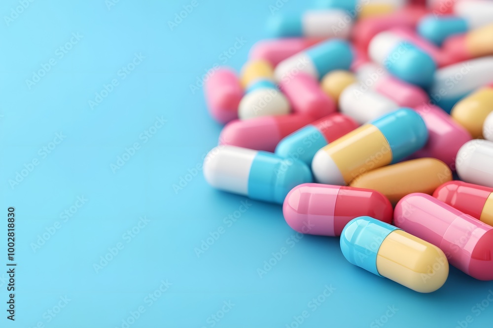 Colorful capsules scattered on a blue background, representing pharmaceuticals and medication. Colorful capsules scattered on a blue background, representing pharmaceuticals and medication.