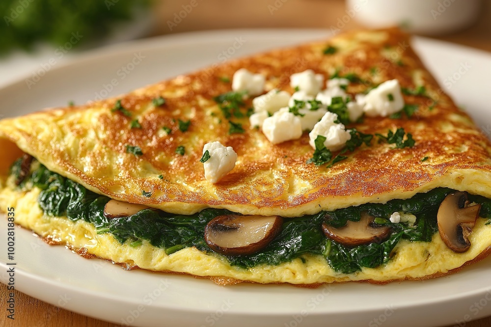 Fresh homemade omelette with mushrooms, feta cheese and herbs. A healthy protein breakfast with mushrooms and spinach Fresh homemade omelette with mushrooms, feta cheese and herbs. A healthy protein breakfast with mushrooms and spinach