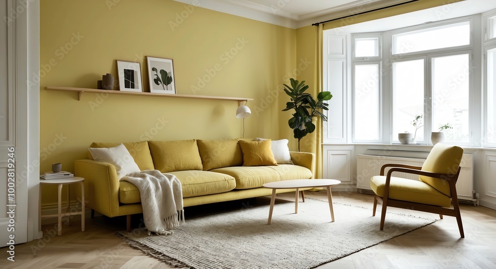 Fototapeta premium Light yellow Scandinavian style living room with a cozy fabric sofa minimalist bookshelf and soft daylight illuminating the space