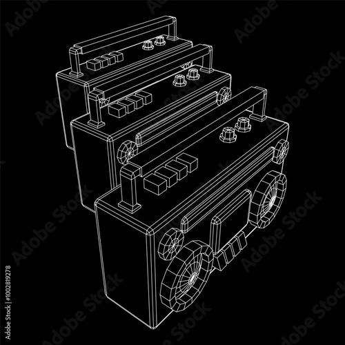 Retro Boombox outdated portable cassette tape recorder. Wireframe low poly mesh vector illustration.