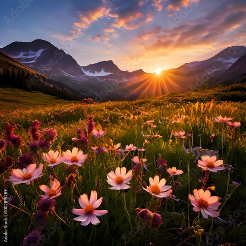 Sunset Over a Wildflower Carpet in the Alps