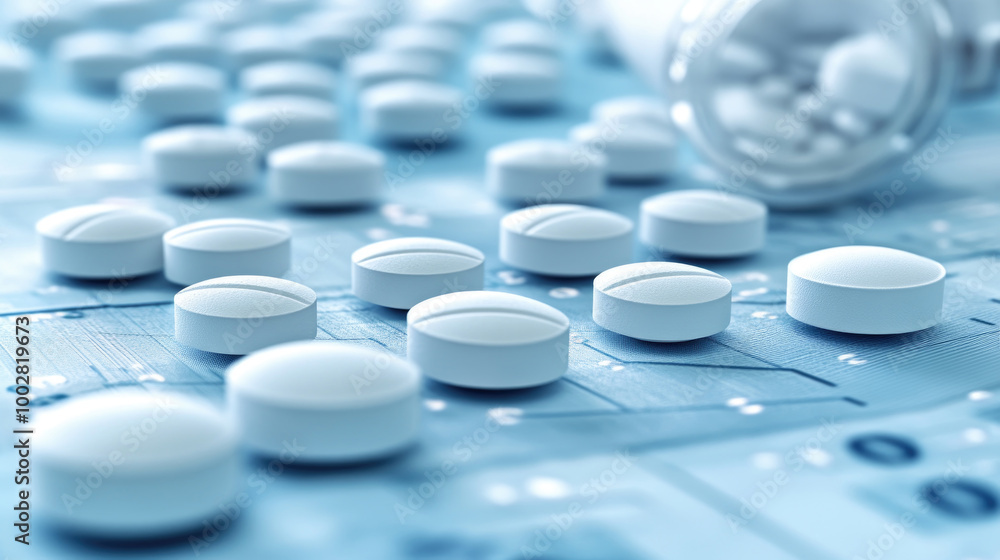 White tablets are spread across a blue surface next to an overturned bottle, illustrating a focus on health and medication management White tablets are spread across a blue surface next to an overturned bottle, illustrating a focus on health and medication management