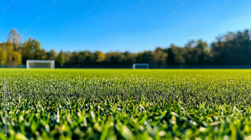 A close-up of soccer field grass with vivid green hues, goalposts in the distance, and a clear blue sky above A close-up of soccer field grass with vivid green hues, goalposts in the distance, and a clear blue sky above
