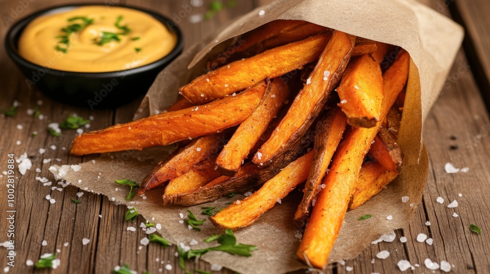 Sweet potato fries with a honey mustard dip, served on a wooden table with scattered salt. Sweet potato fries with a honey mustard dip, served on a wooden table with scattered salt.