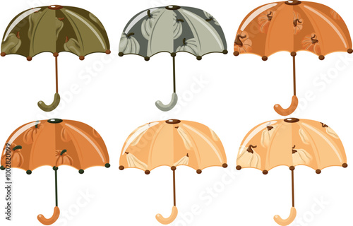 large set with various designs of umbrellas, namely with the design of autumn pumpkins of different shapes and colors, vector