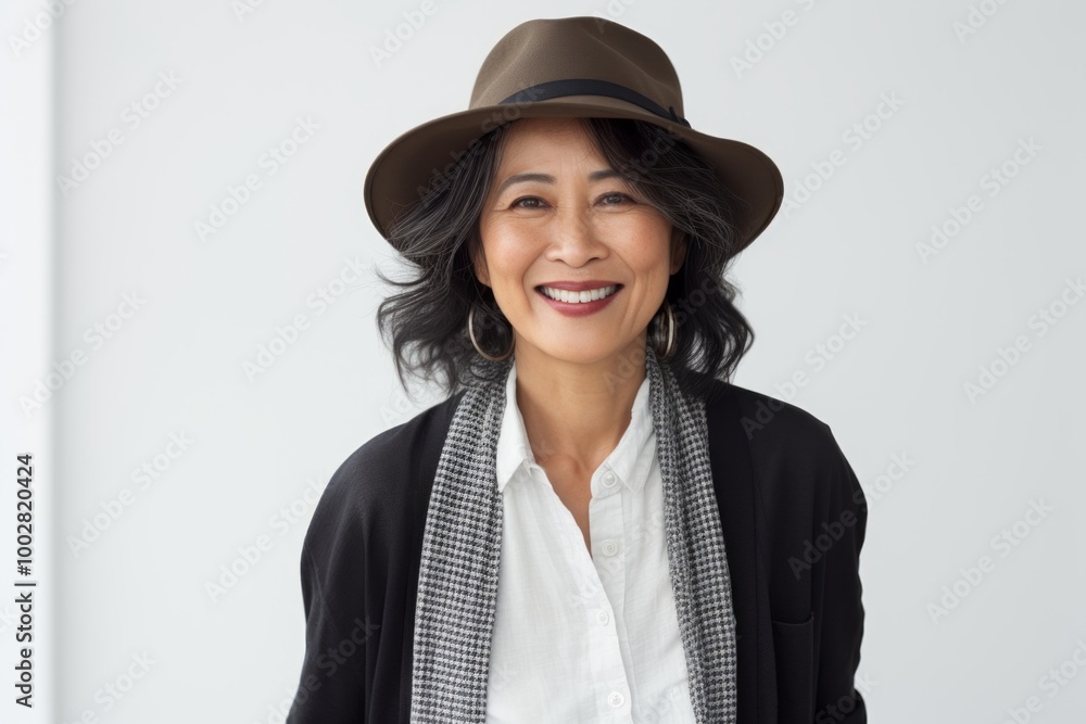 Portrait of a happy asian woman in her 60s donning a classic fedora on plain white digital canvas Portrait of a happy asian woman in her 60s donning a classic fedora on plain white digital canvas