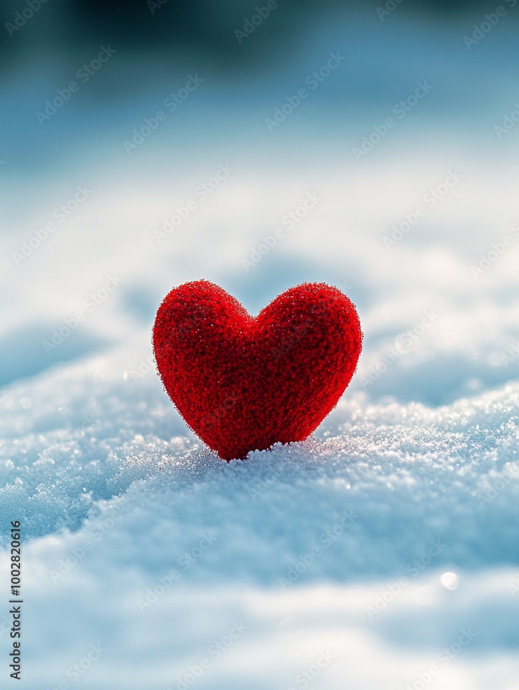 A red heart is sitting on top of the snow. The heart is surrounded by a white blanket of snow. Concept of love and warmth. A red heart is sitting on top of the snow. The heart is surrounded by a white blanket of snow. Concept of love and warmth.