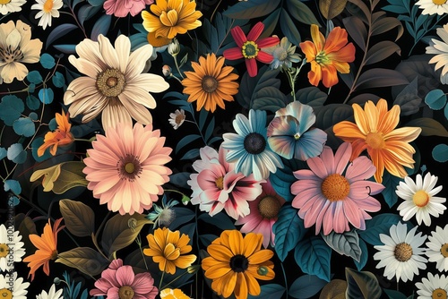 A colorful floral pattern with a black background